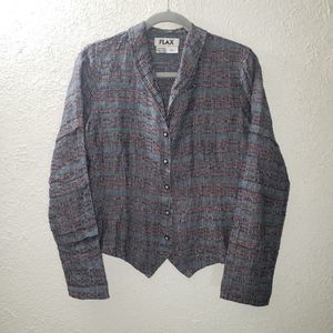 Flax 100% Linen Button Front Shirt Jacket Embroidered Long Sleeve Womens Sz P